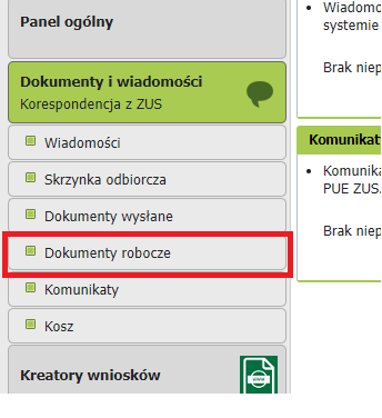 dokumenty robocze e-ZUS