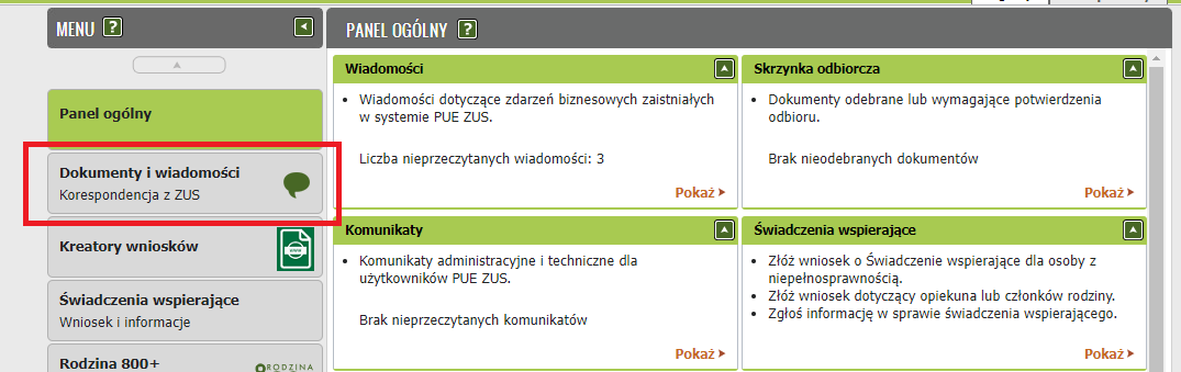 dokumenty i korespondencja e-ZUS