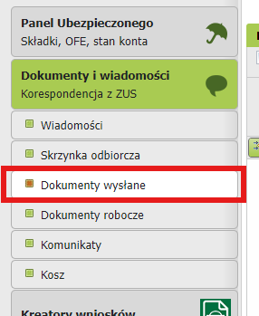 e-ZUS wysłane dokumenty