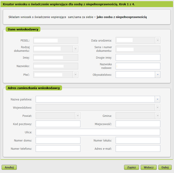 renta socjalna kreator wniosku dane i adres wnioskodawcy