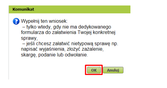 panel e-ZUS - wypełnij wniosek komunikat