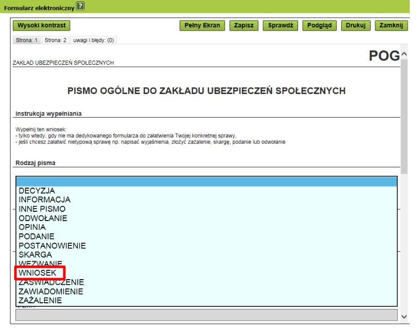 panel e-ZUS - rodzaj pisma