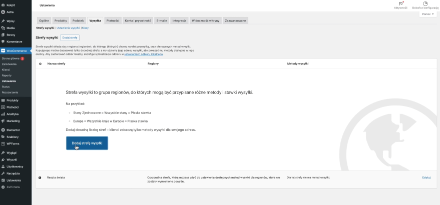konfiguracja wysyłki woocommerce